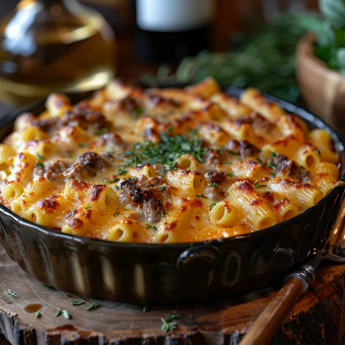 Un bol en verre rempli de gratin de pâtes au bœuf et fromage fumant et appétissant.
