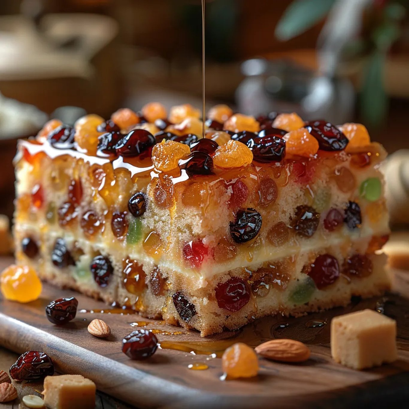 Un cake aux fruits confits inspiré de Pierre Hermé, servi sur un plateau élégant.
