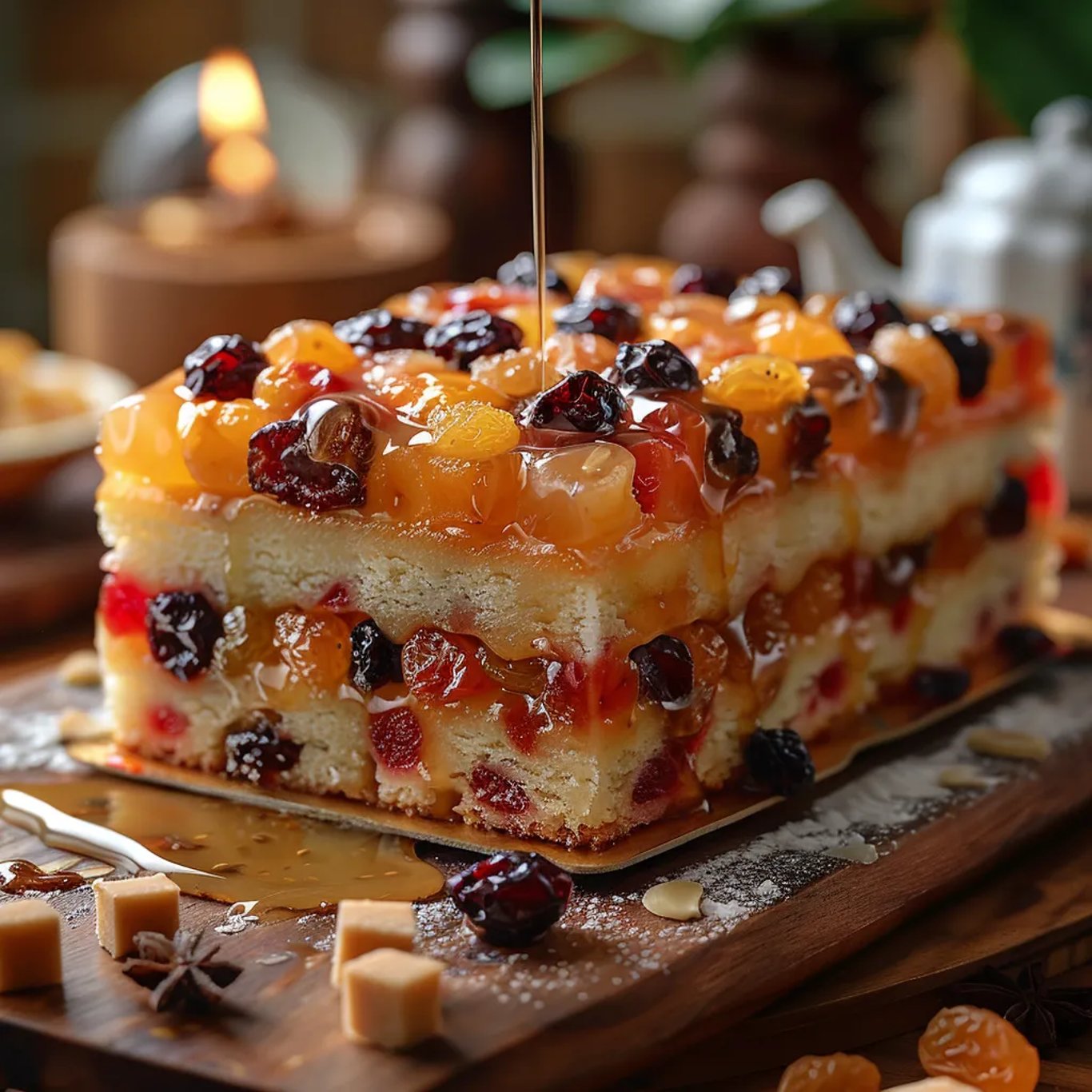 Un cake aux fruits garni de caramel présenté sur un plateau de service.