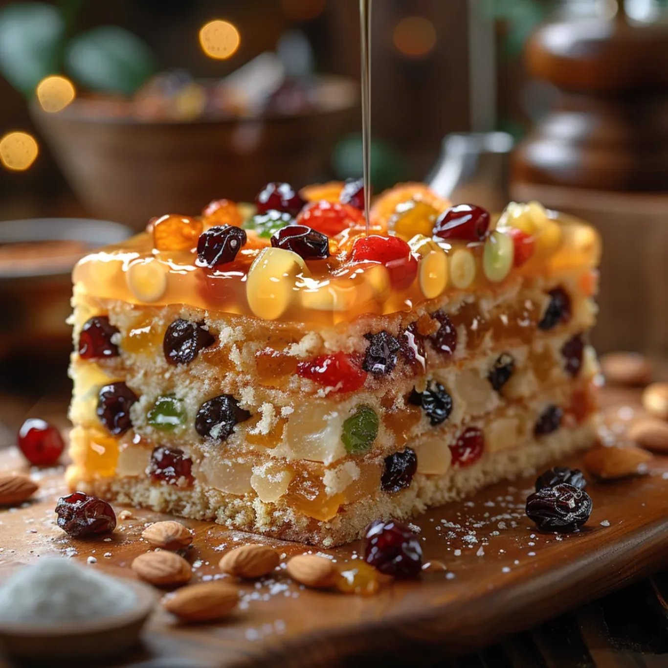 Un cake aux fruits garni de fruits secs et de raisins présenté sur une planche en bois.