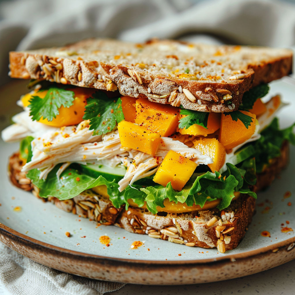 Un sandwich poulet-mangue décoré d'herbes et graines présenté sur une planche à découper.
