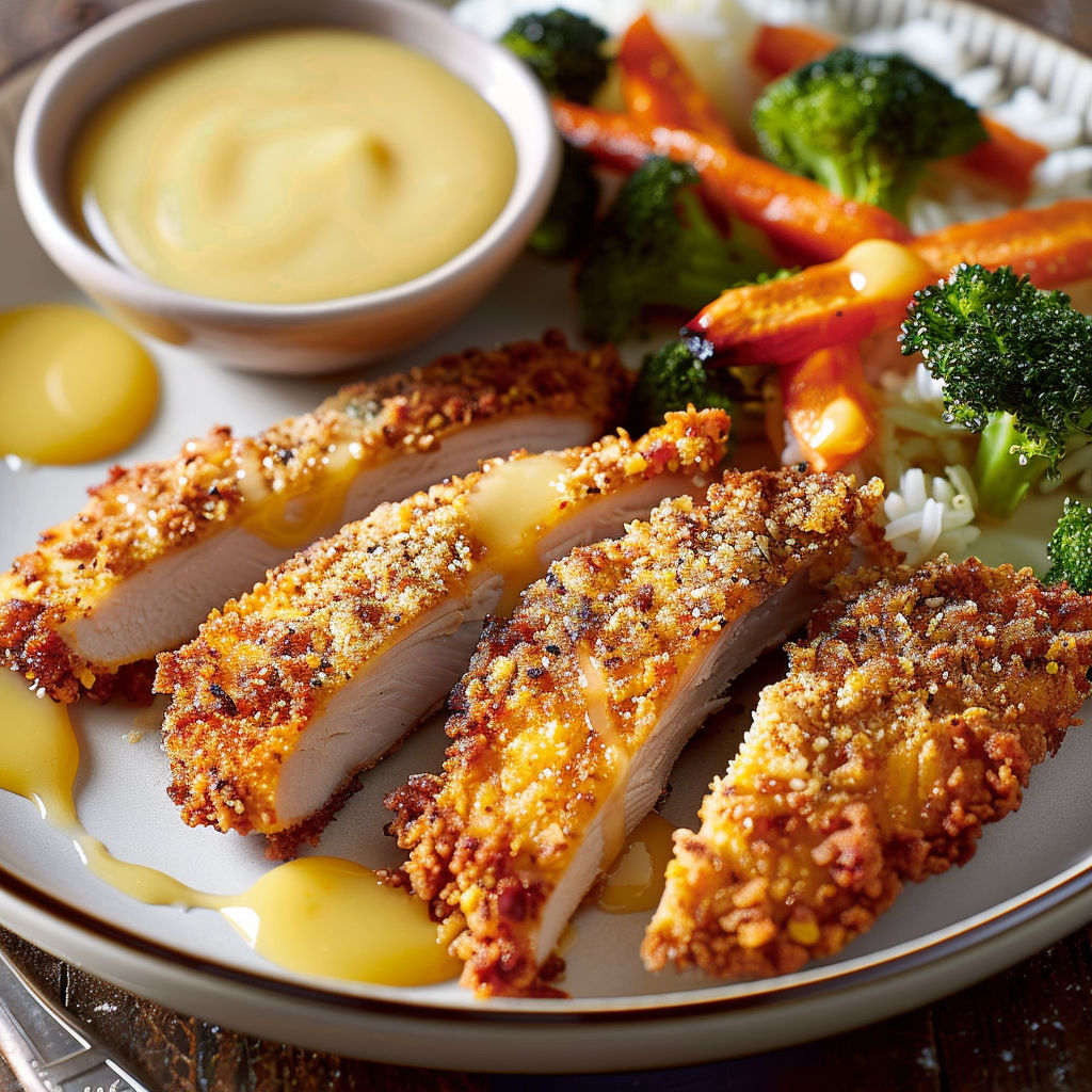 Un plat de dinde croustillante au panko et sauce miel-moutarde fondante.