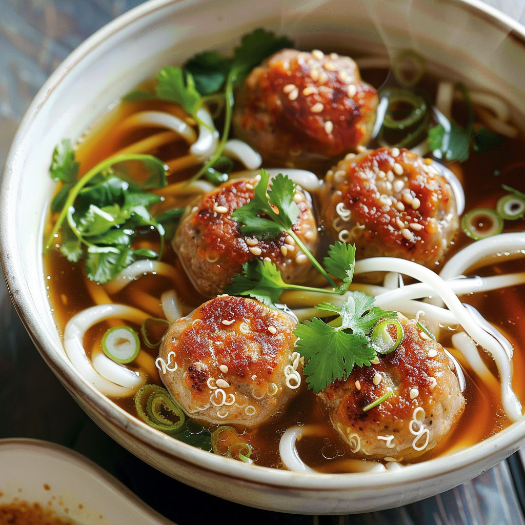 Une soupe chinoise avec des boulettes de viande et des noodles.