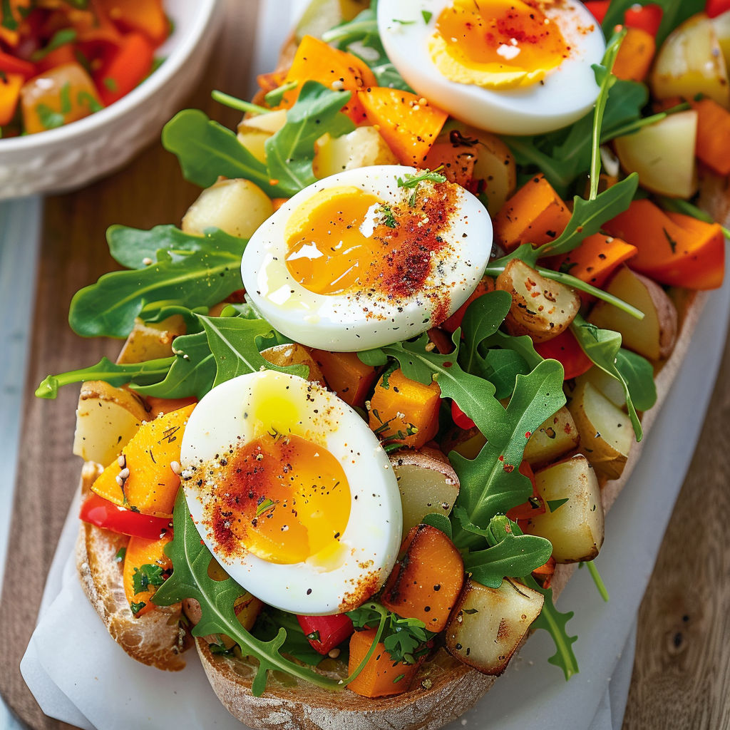 Une tartine gourmande aux couleurs vives, garnie de légumes rôtis, de roquette et d'œufs coupés.