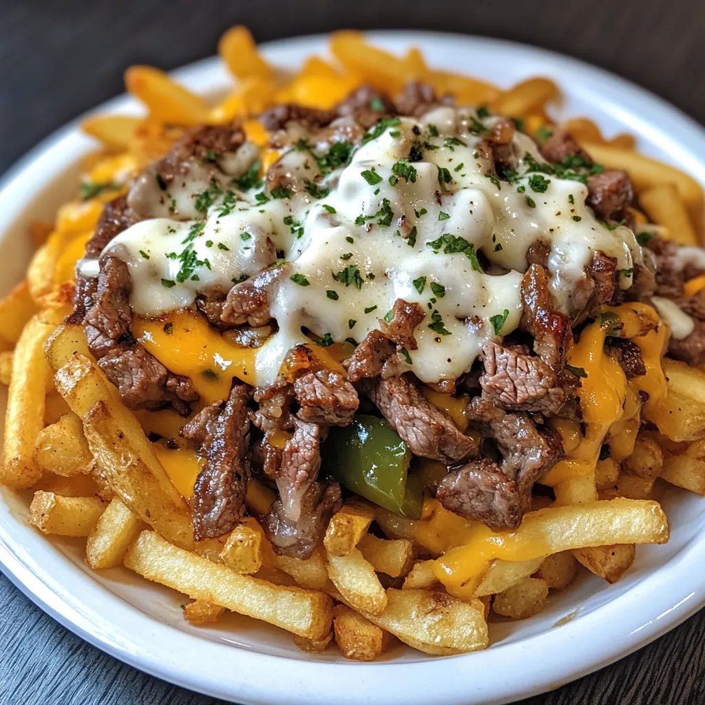 Un plateau de frites steak et fromage avec des herbes et épices, tout droit sorti du four, prêt à être dégusté.