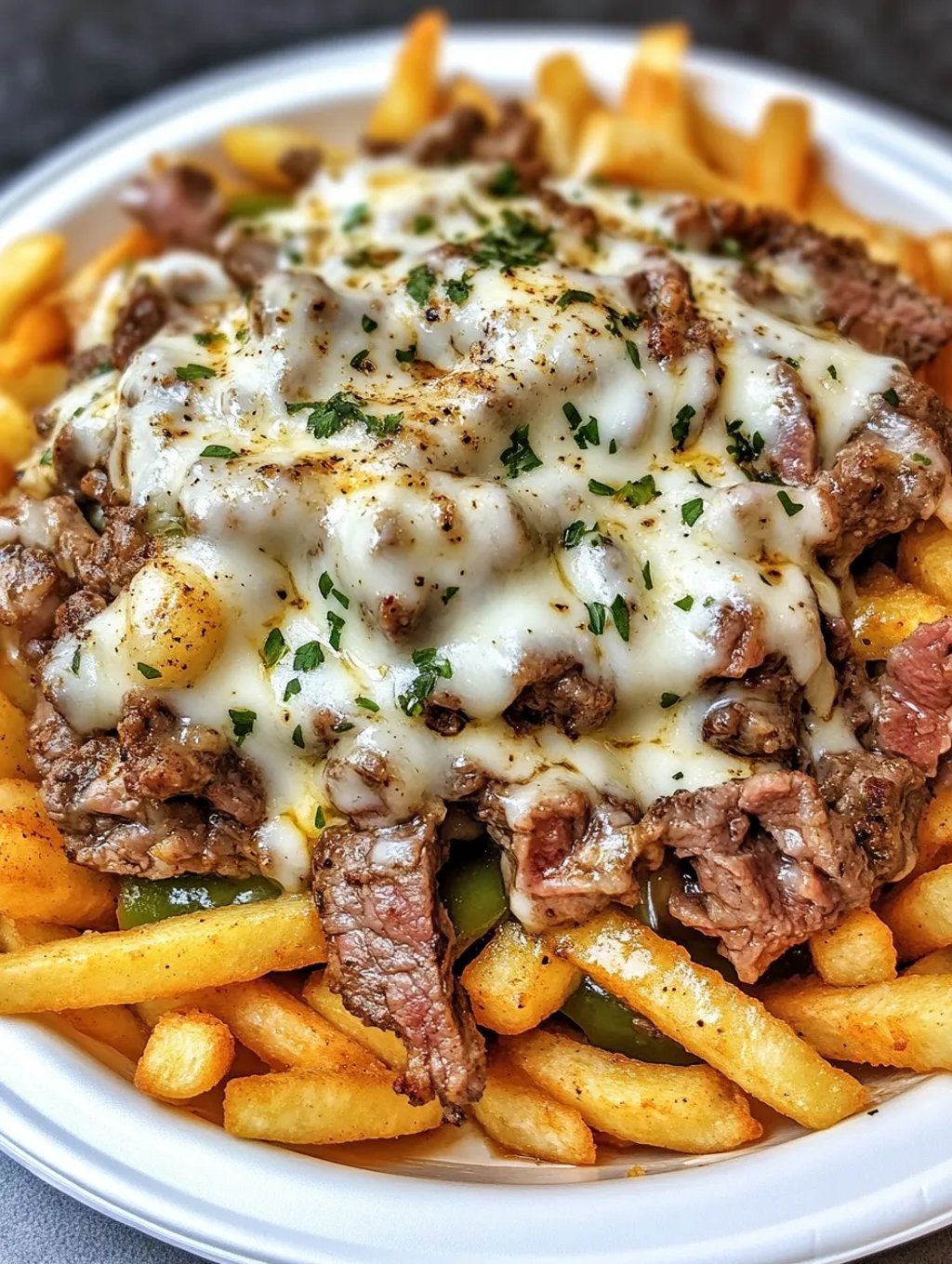 Un plat gourmand: frites gaufrettes, tranches de steak et fromage fondu au four.