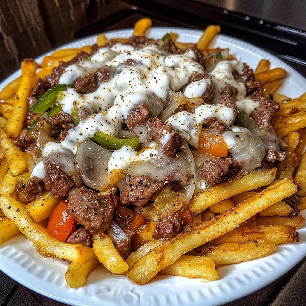 Un festival de saveurs avec ces frites au steak et fromage coulant, préparé en un clin d'œil.