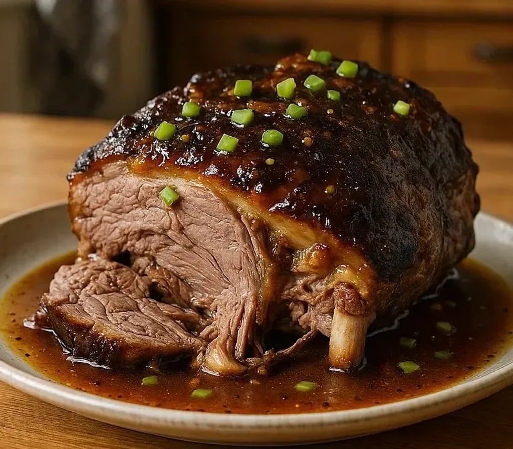 Un morceau de viande doré avec des herbes fraîches sur un plateau.