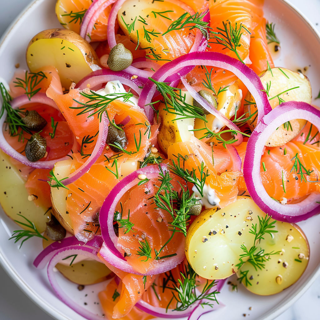 Une salade nordique est présentée dans un bol avec des fruits de mer, légumes et viande mélangés.