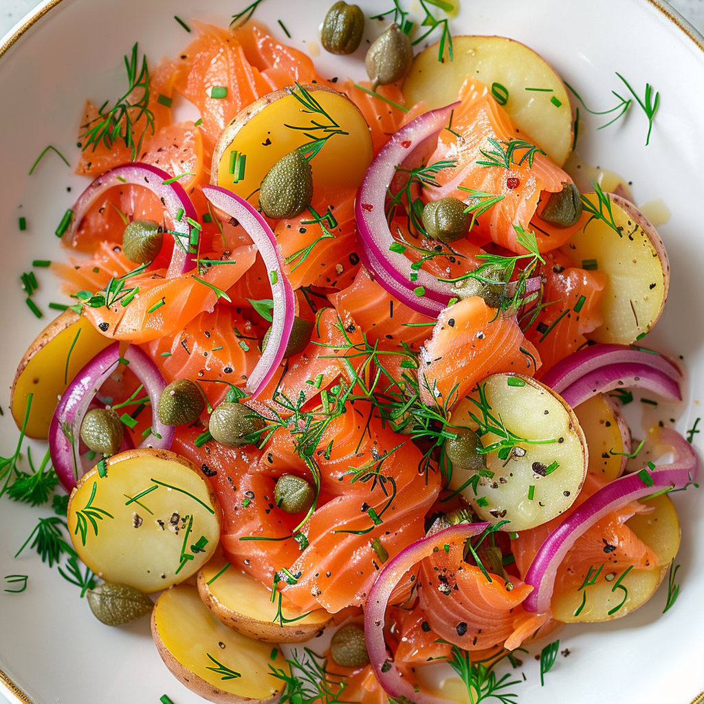 Une salade d'été avec saumon fumé, pommes de terre et épinards, présentée sur un plateau argenté.
