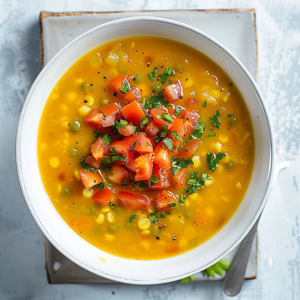 Un velouté champêtre de pois cassés surmonté de dés de tomates fraîches, chaleureux et plein de caractère.