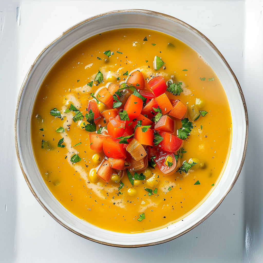 Un velouté lumineux aux pois jaunes cassés, parsemé de dés de tomates, herbes fraîches et zestes de citron.