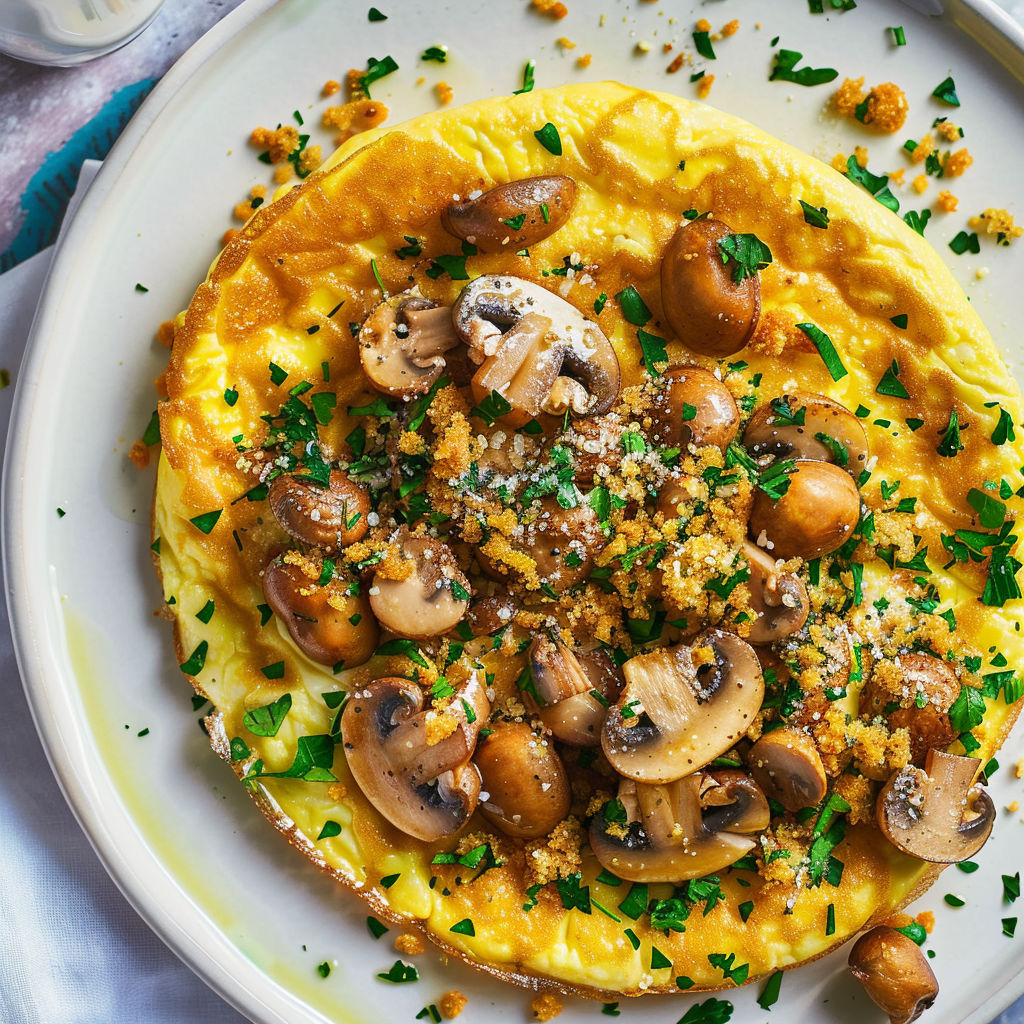 Une tortilla aux champignons dorés avec sa garniture croustillante aux herbes sur un joli plat de service.