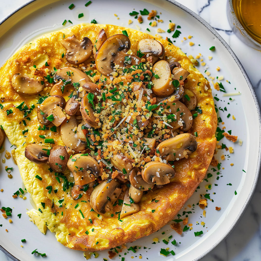 Une tortilla moelleuse garnie de champignons dorés et de petits croûtons aux herbes aromatiques.