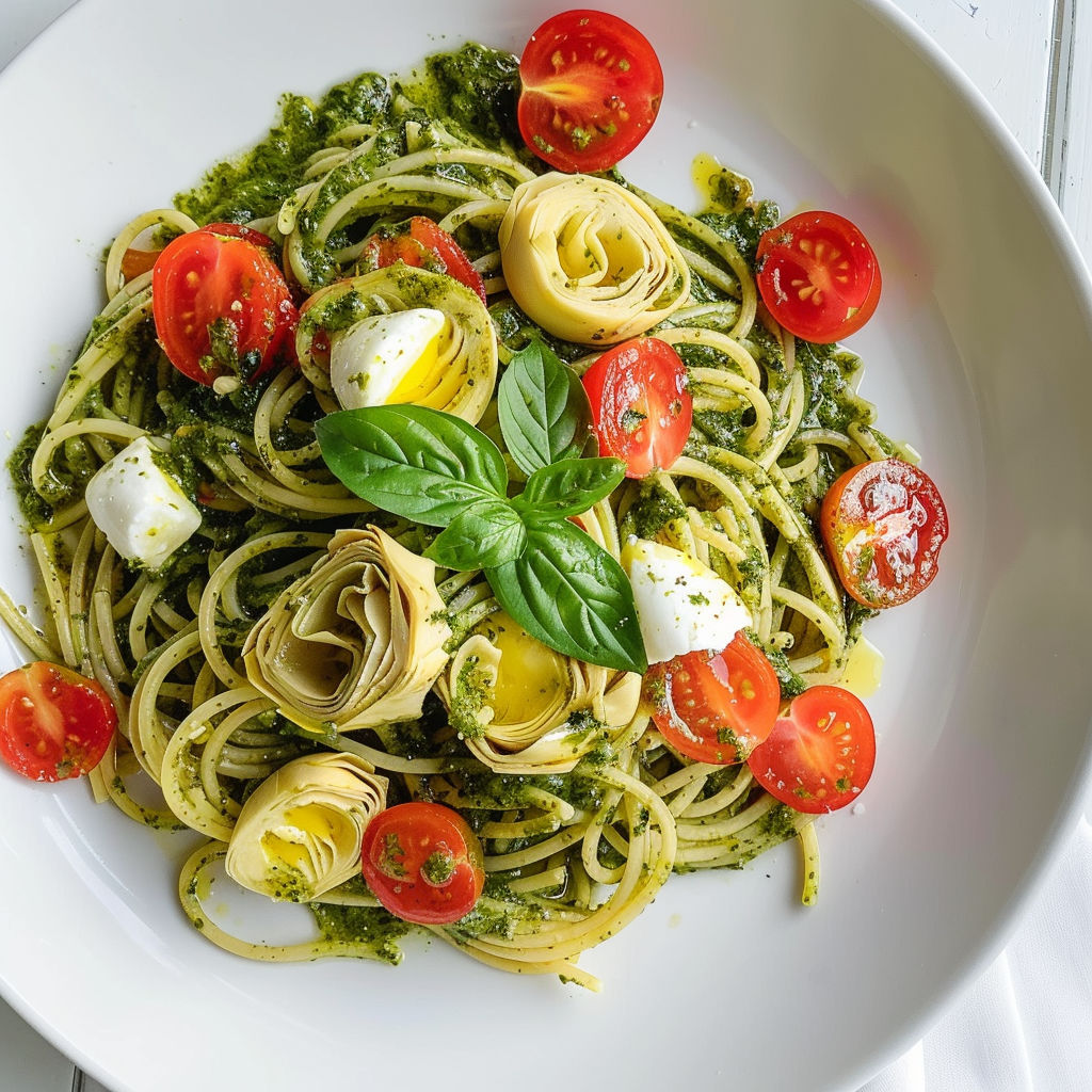 Un plat appétissant de pâtes au pesto, cœurs d'artichauts et tomates cerises colorées.