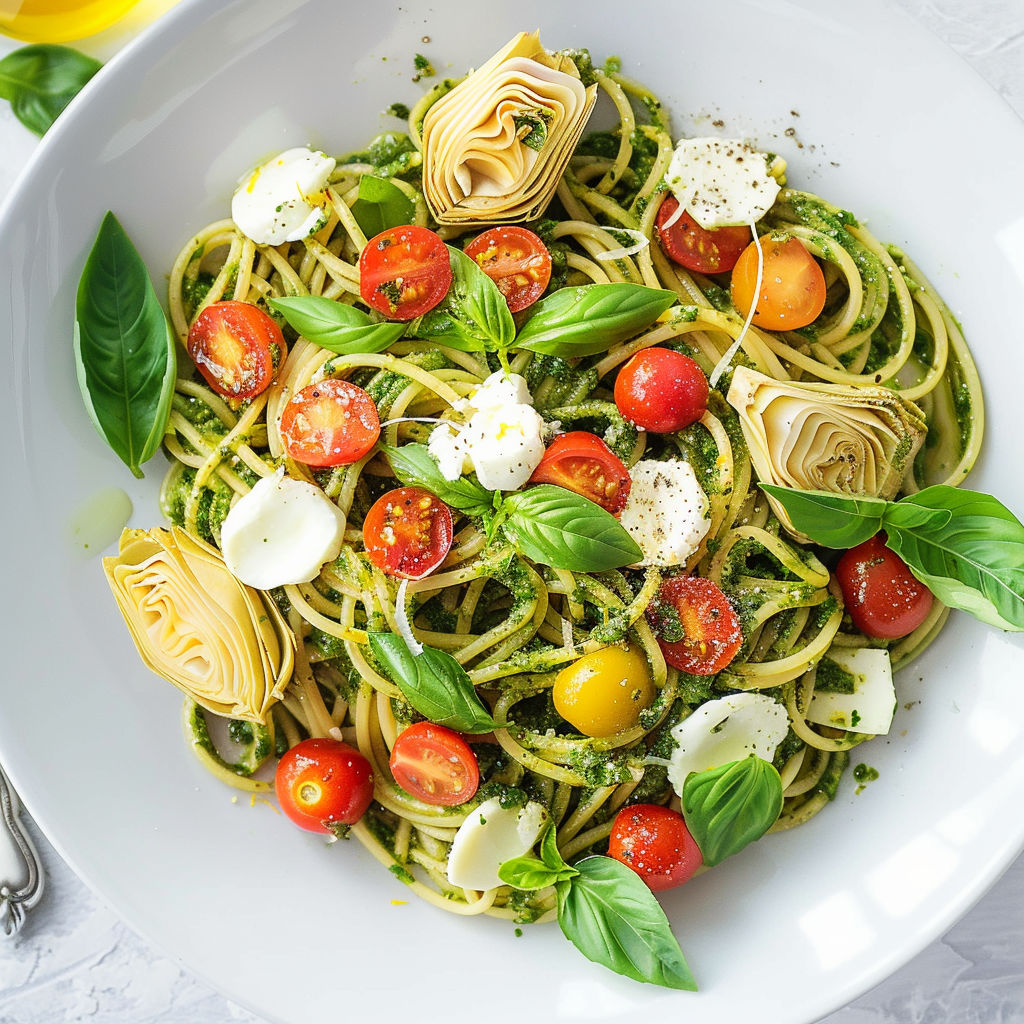 Un délicieux plat de pâtes au pesto avec fromage fondant, artichauts tendres et tomates.