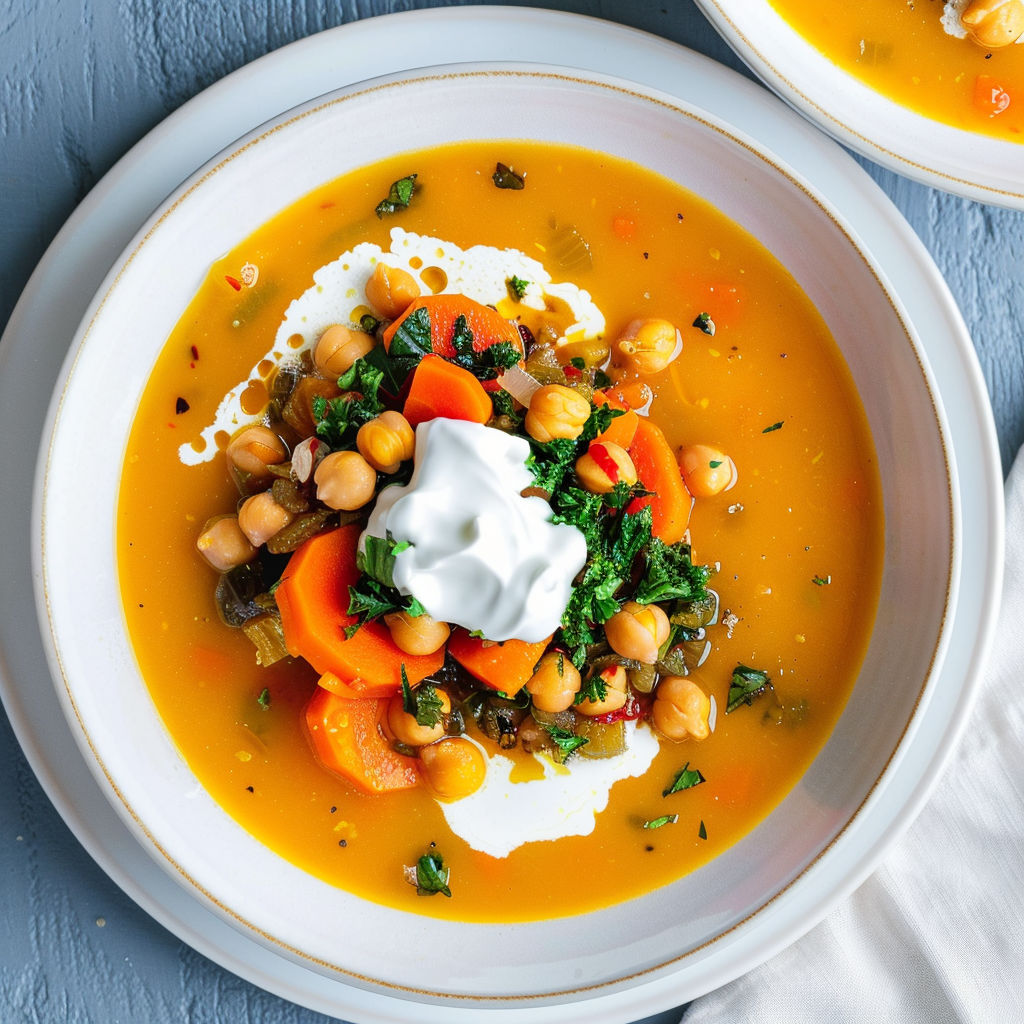 Une soupe épicée aux légumes, pois chiches et herbes fraîches, garnie de raisins et yogourt.