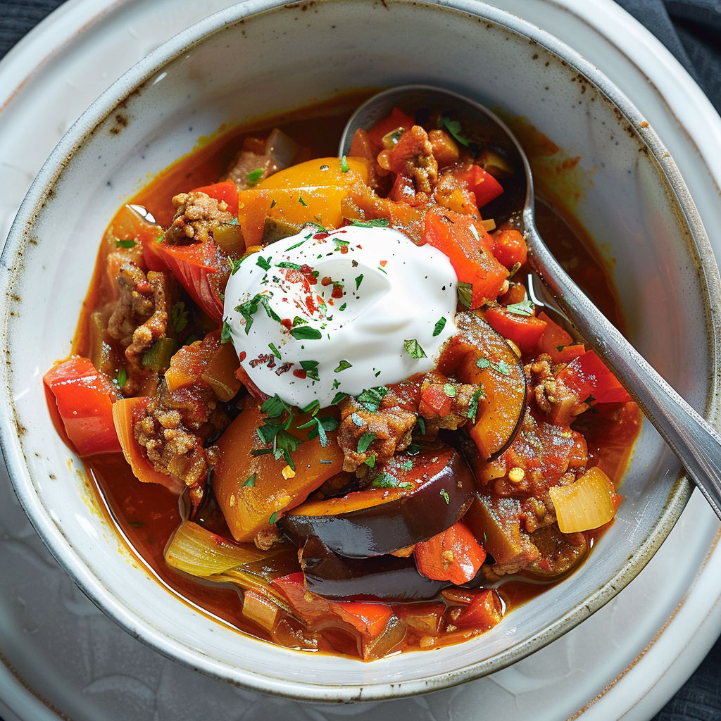 Mijotage d'aubergine avec viande hachée et poivrons multicolores.