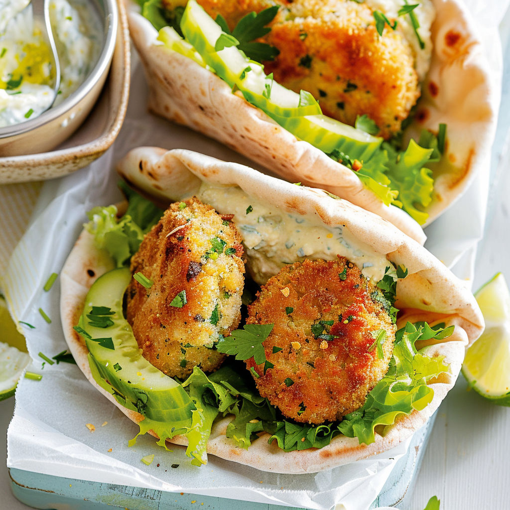 Des pitas garnis de boulettes de poisson dorées avec laitue croquante et fins rubans de concombre.