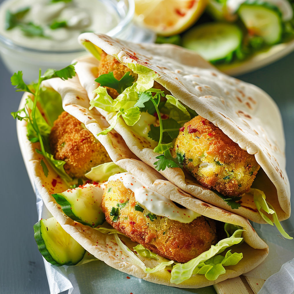 Un savoureux sandwich pita rempli de boulettes de poisson, légumes croquants et sauce au citron.
