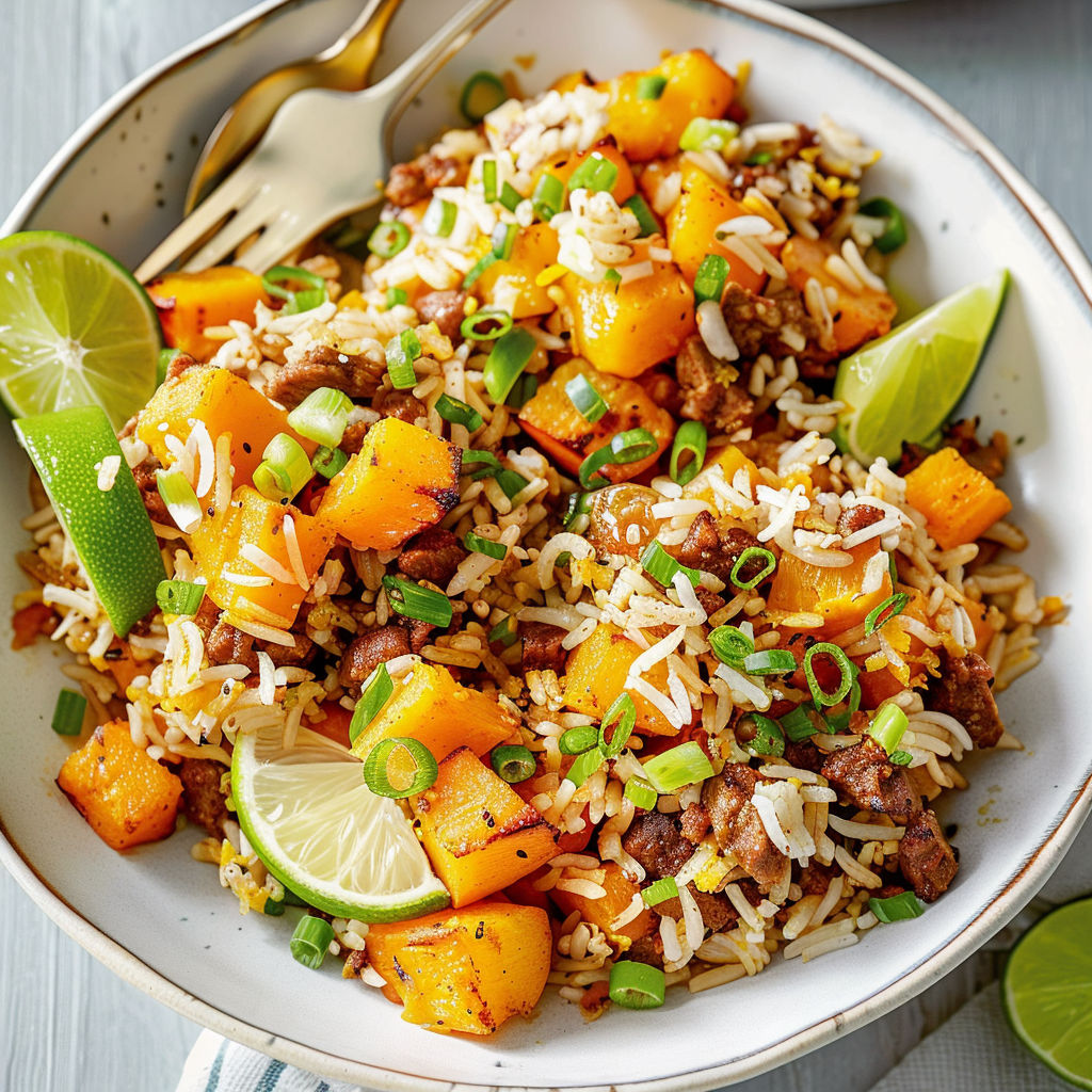Un bol de riz avec légumes verts, carottes et poivrons servi à table.