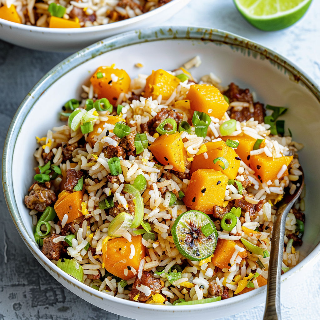 Un plat de riz mélangé aux légumes avec carottes et pommes.