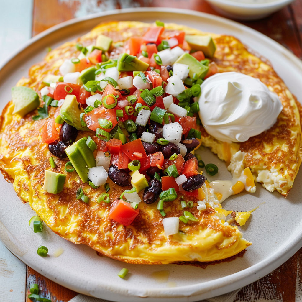 Une omelette soufflée dorée au four, garnie de salsa fraîche à l'avocat, haricots noirs et cheddar, est servie sur un plateau en céramique.