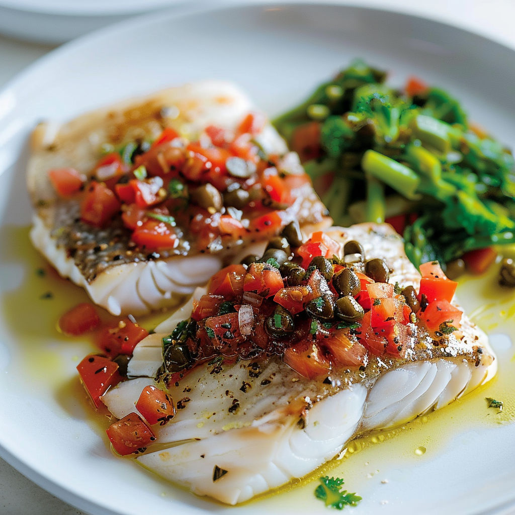 Un filet de poisson doré garni d'une sauce fraîche aux dés de tomates, olives noires, câpres et échalote.