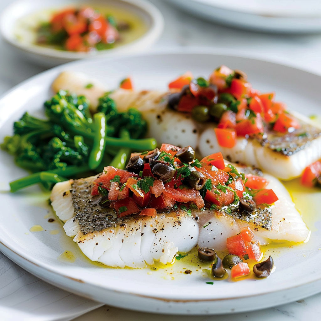 Filet de poisson doré recouvert d'une sauce du sud acidulée aux tomates fraîches et olives coupées.