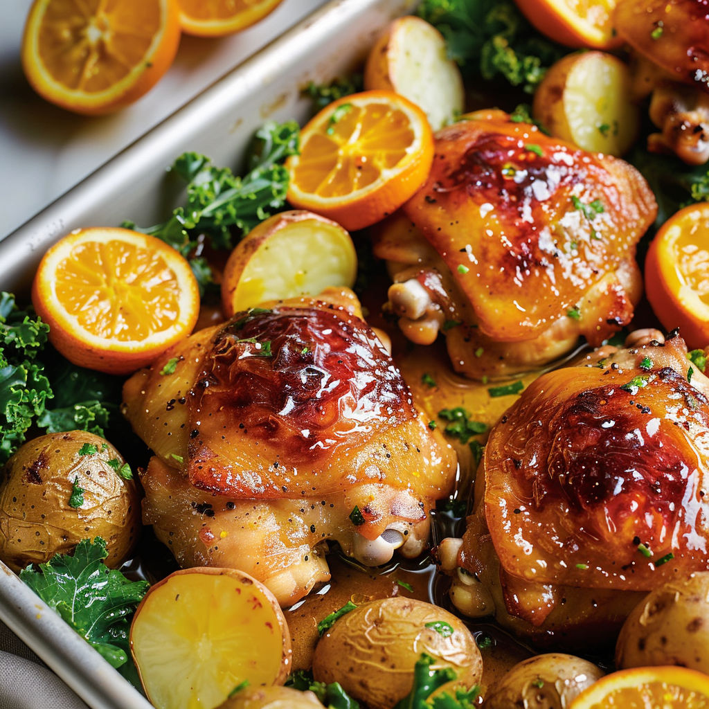 Des cuisses de poulet dorées au miel et piment, cuites avec des petites pommes de terre et des quartiers d'orange.