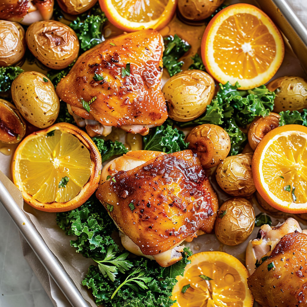 Un plat fumant de poulet brillant à la peau dorée entouré de pommes de terre moelleuses et d'oranges caramélisées.