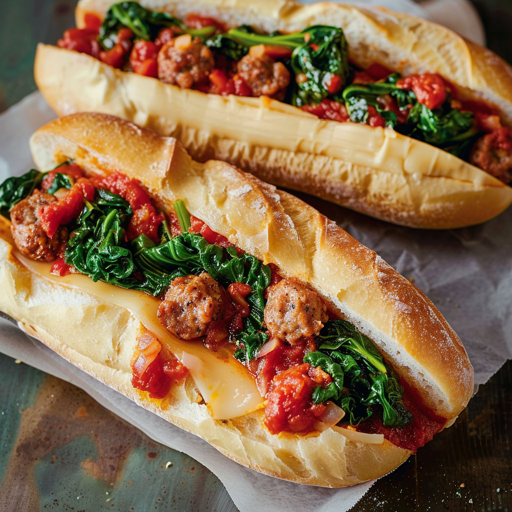 Sandwich italien garni de saucisse mijotée avec tomates, rapinis verts croquants et fromage fondu dans un pain doré.