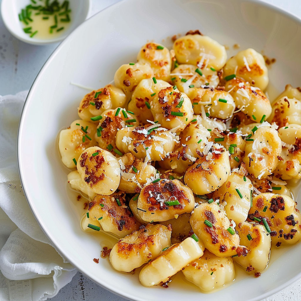 Une assiette de gnocchis à la sauce tomate parsemée de fromage.