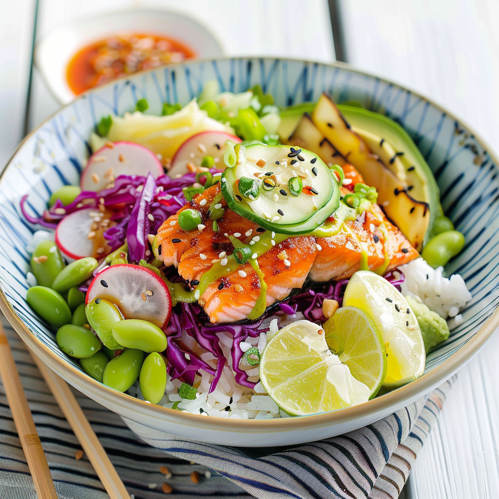 Un bol coloré avec du poisson, des légumes verts et des agrumes en garniture.