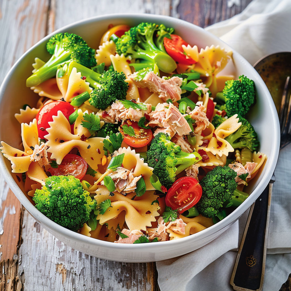 Une salade de pâtes et de légumes, avec des tomates, des brocolis et des oignons, est servie dans un bol sur une table.