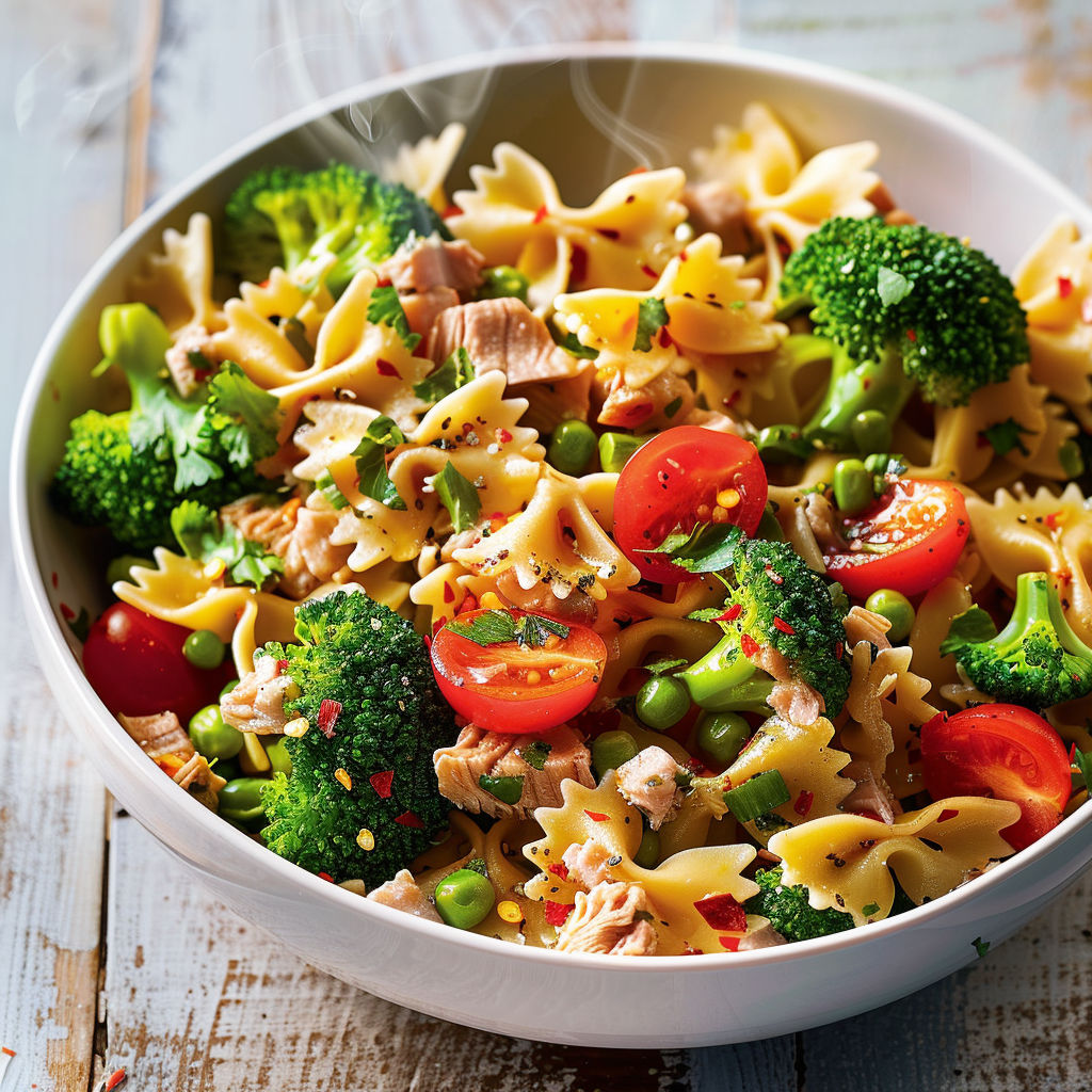 Une salade de pâtes et légumes, avec des tomates, des poivrons, des épinards et des brocolis, est servie dans un bol sur une table.