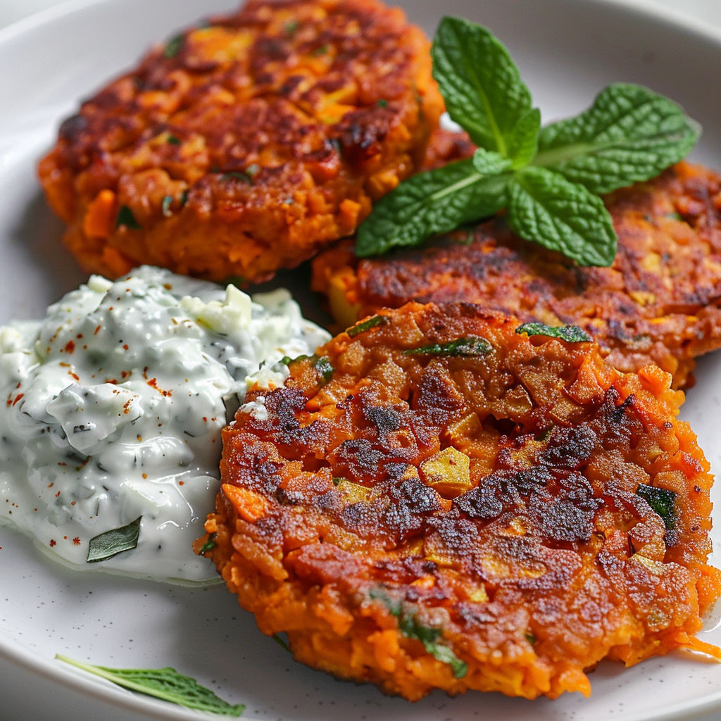 Des galettes de légumes orangées servies avec une sauce blanche crémeuse.