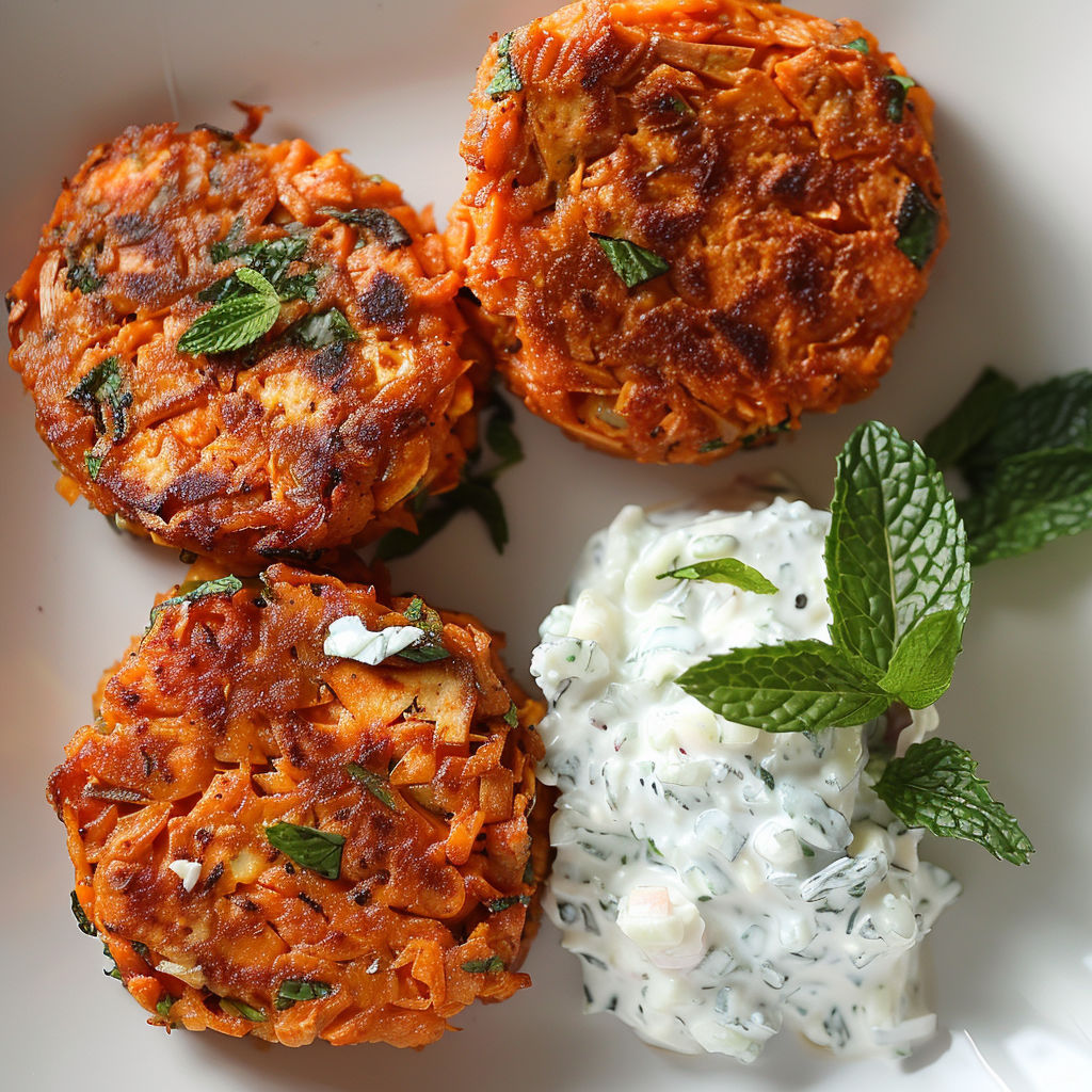 Des galettes de patate douce servies avec une sauce verte à la coriandre.