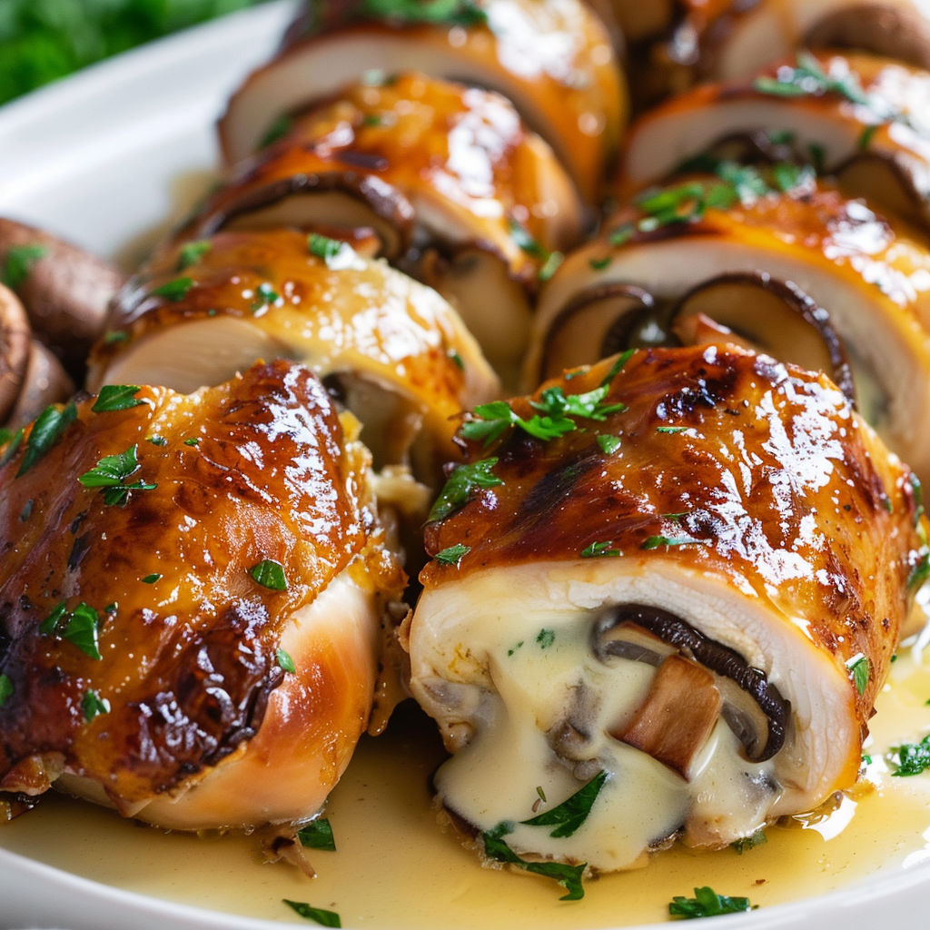 Assiette de paupiettes de poulet aux champignons, servie avec un peu de sauce.