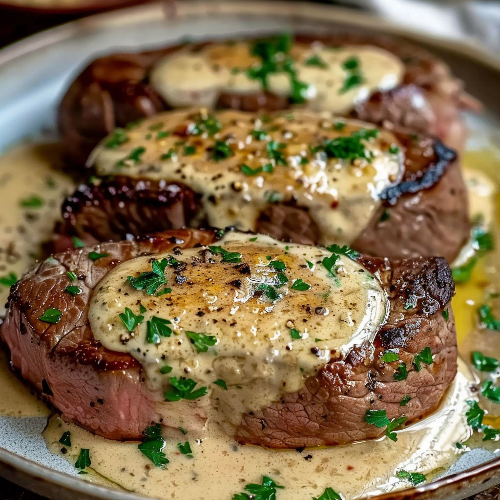Steak moelleux baigné dans une sauce à l'ail crémeuse qui fait envie à chaque bouchée.
