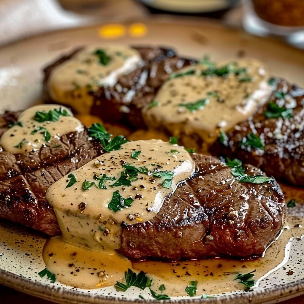 Un steak doré à point nappé d'une sauce à l'ail irrésistible.