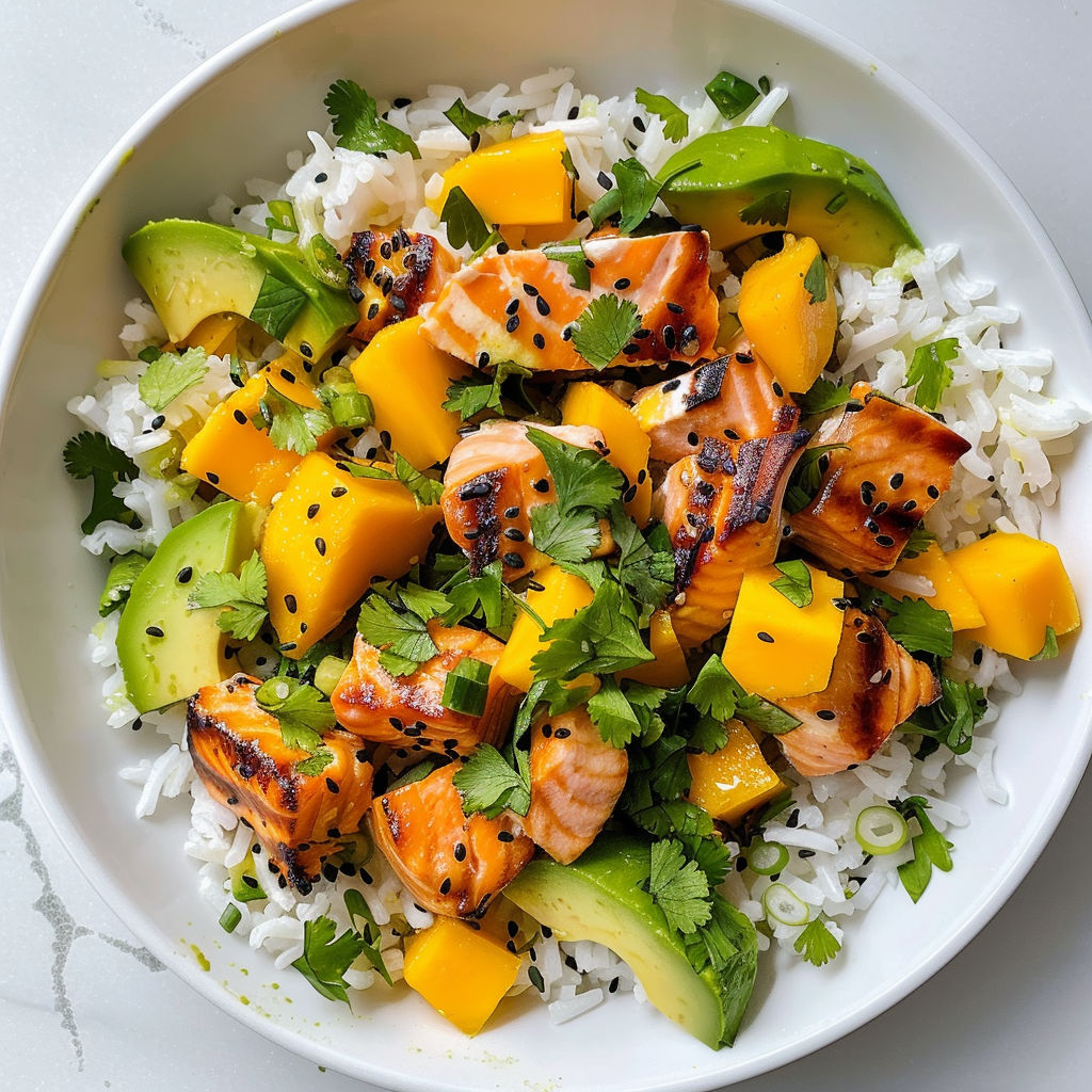 Un mélange frais et savoureux où le riz basmati s'associe au saumon tendre et à la douceur de la mangue.