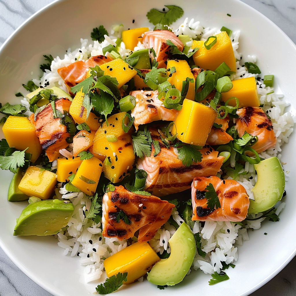 Un mélange exotique et appétissant de riz, saumon grillé, mangue et citron vert.