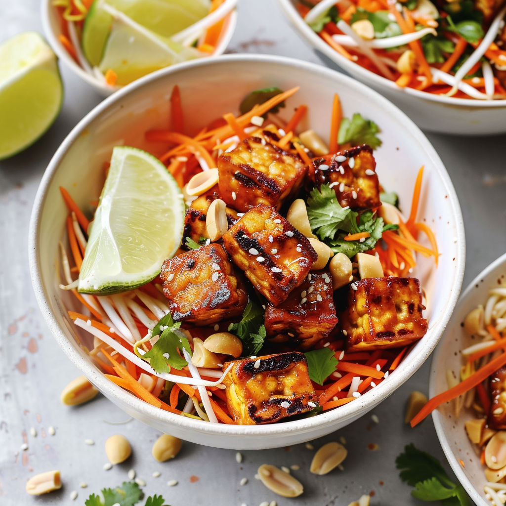 Une salade de carottes et de cacahuètes, avec des morceaux de tempeh grillés et des herbes fraîches.