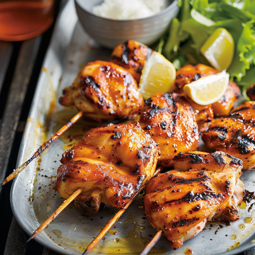 Poulet grillé sur brochettes avec citron et herbes, accompagné d'une salade fraîche.