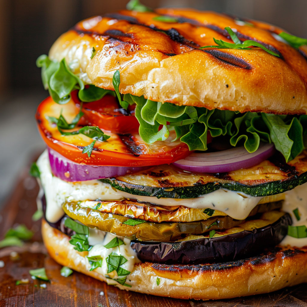 Burger végétalien garni de fromage et légumes grillés.