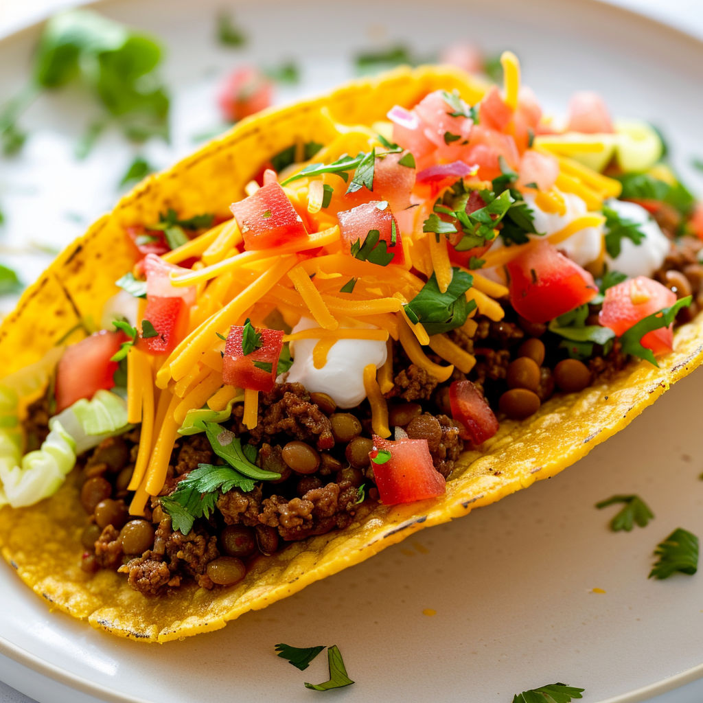 Un taco croustillant garni de bœuf aux lentilles épicées, tomates fraîches et herbes vertes servi sur plateau rustique.