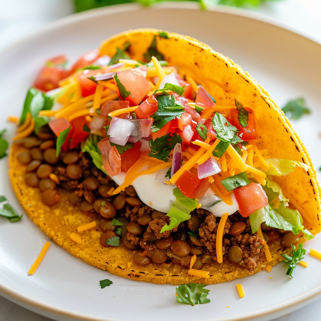 Taco croquant rempli de mijoté de bœuf aux lentilles et garni d'herbes fraîches.
