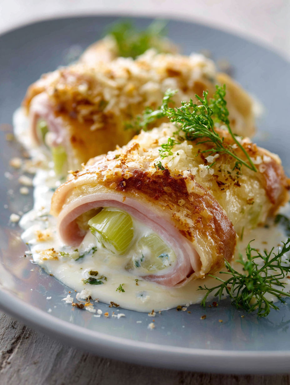 Un plat de gratin de poireaux au jambon avec des herbes fraîches.