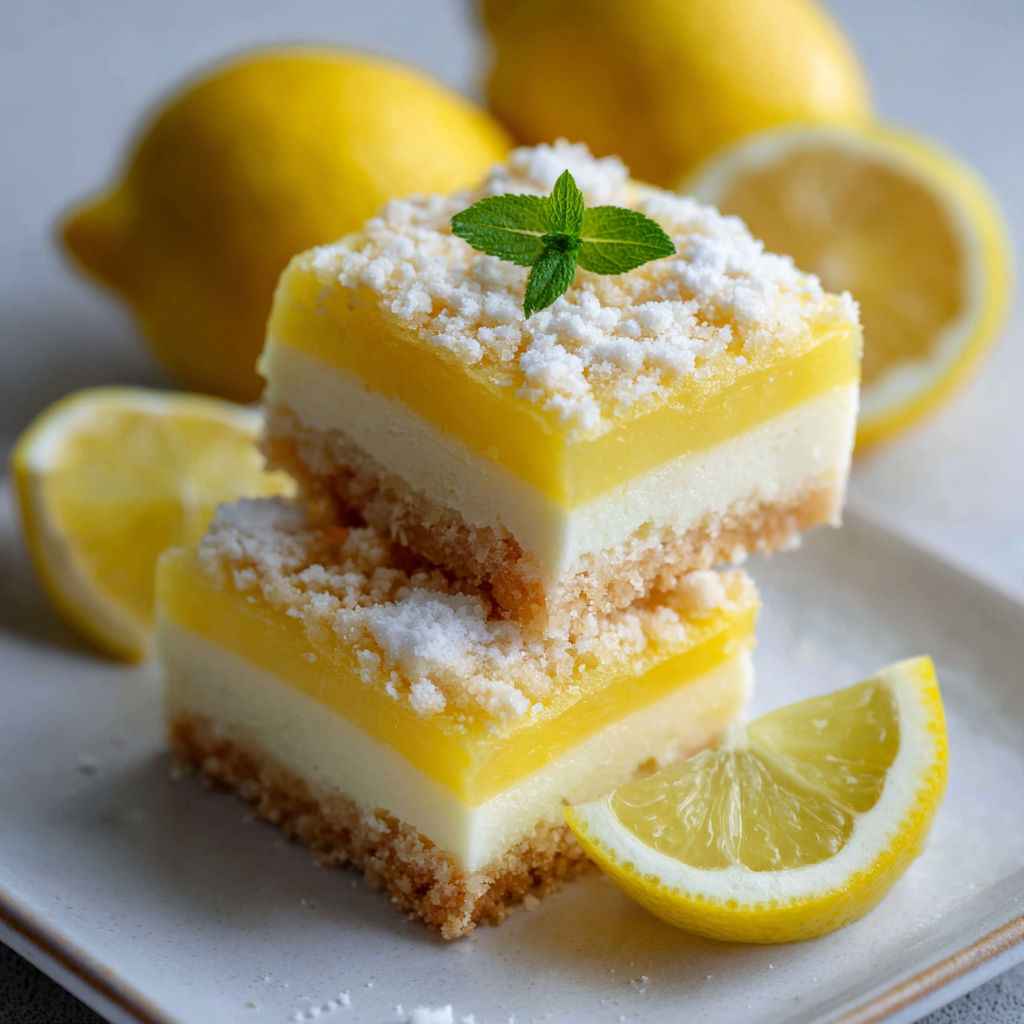 Des carrés citronnés servis sur un plateau avec quelques citrons frais et de la menthe pour la décoration.